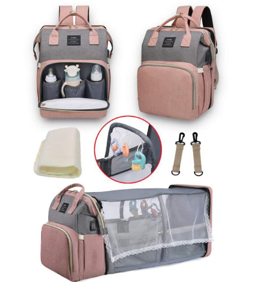 Bolsa de pañales con cambiador, mochila, bolsa de bebé con puerto de carga  USB integrado y correas para cochecito, gran capacidad, impermeable, color